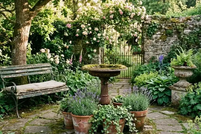 15 Antique Garden Decor Ideas to Give Your Yard Old-World Charm on Any Budget 6 A charming antique garden with a weathered cast iron birdbath, vintage terracotta pots, climbing roses on an old iron gate, and a rustic wrought iron bench surrounded by lush greenery