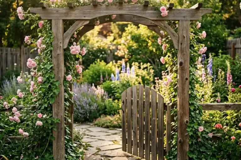 Wooden garden gate arbor covered in climbing pink roses framing a stone path entrance