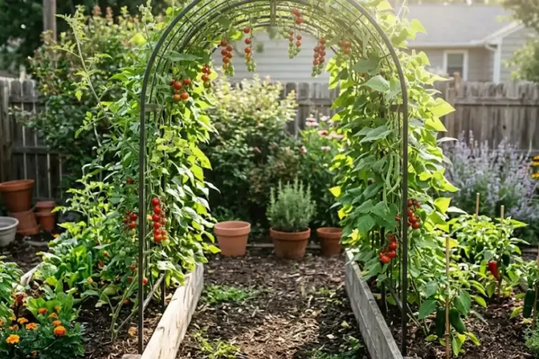Arched Garden Trellis: Sizing, Placement & Best Plants 2 Arched garden trellis with climbing cherry tomatoes and pole beans between two raised beds
