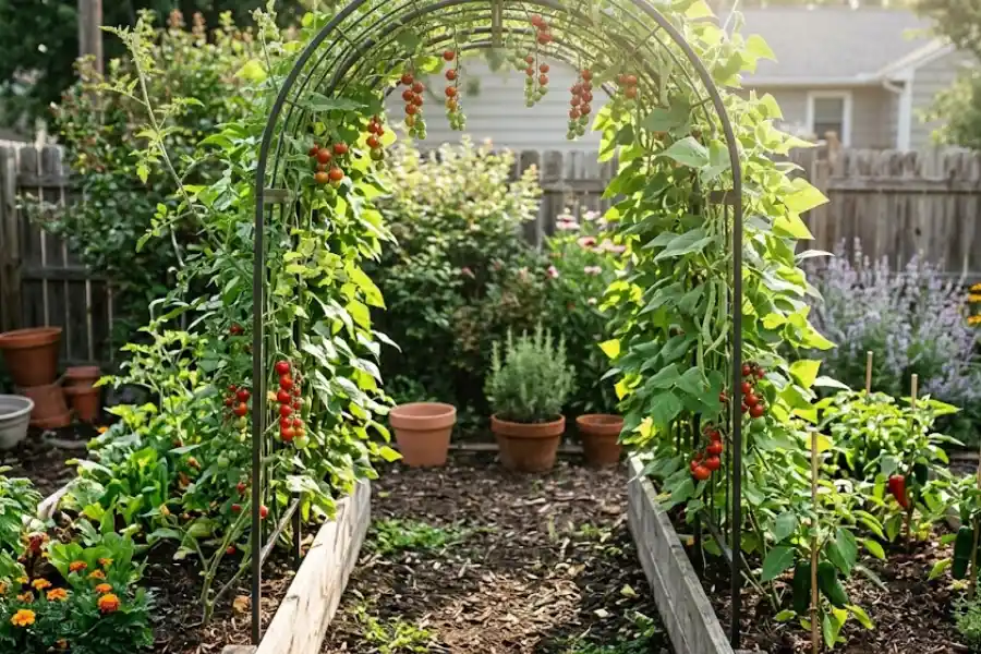 Arched Garden Trellis: Sizing, Placement & Best Plants 1 Arched garden trellis with climbing cherry tomatoes and pole beans between two raised beds