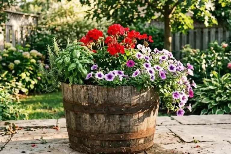 A rustic oak half-barrel garden pot filled with red geraniums, trailing petunias, and fresh herbs placed on a sunny backyard patio.
