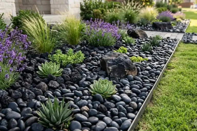 Black garden rocks with succulents, lavender, and ornamental grasses in a modern landscaped front yard bed