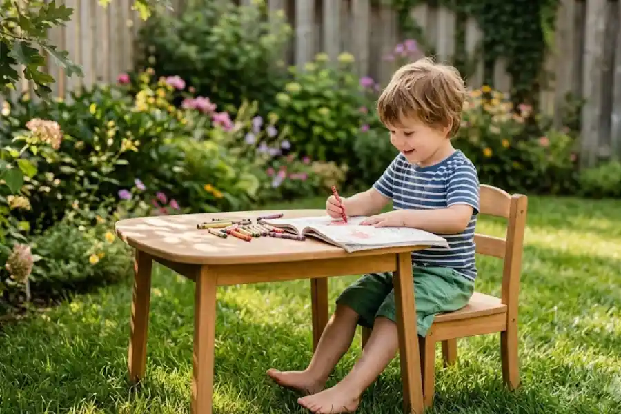 Children's Garden Chair and Table: What Every Parent Should Know 1 A young child sitting at a small wooden garden table and chair set on a sunny backyard lawn, coloring with crayons surrounded by green grass and soft garden foliage in the background.