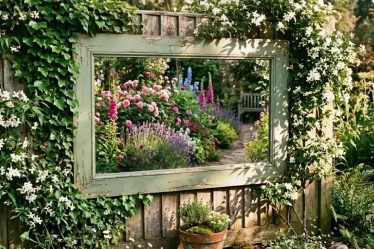 DIY outdoor garden mirror mounted on a wooden fence surrounded by climbing green plants in a small backyard garden