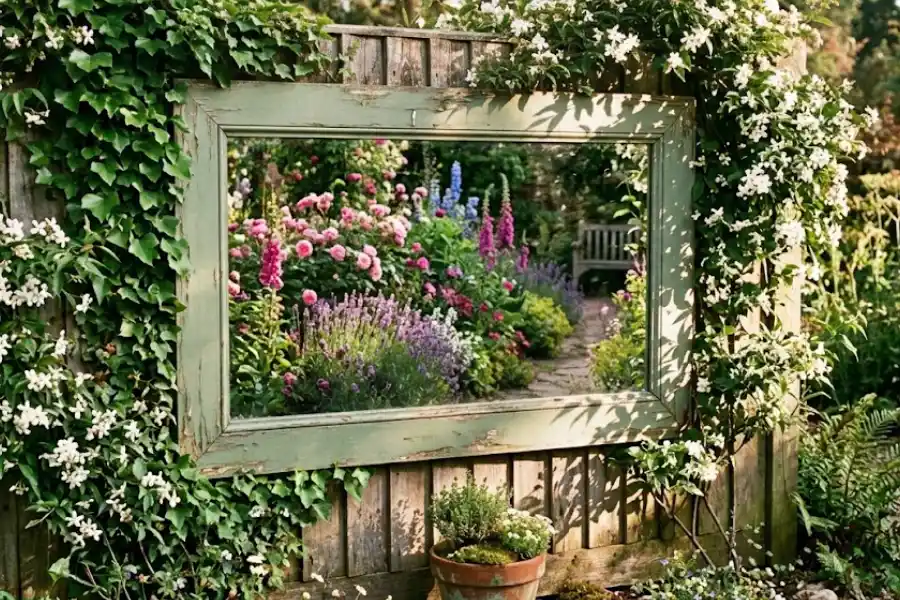DIY Outdoor Garden Mirrors: 7 Smart Ideas That Make Any Garden Look Twice as Big 1 DIY outdoor garden mirror mounted on a wooden fence surrounded by climbing green plants in a small backyard garden