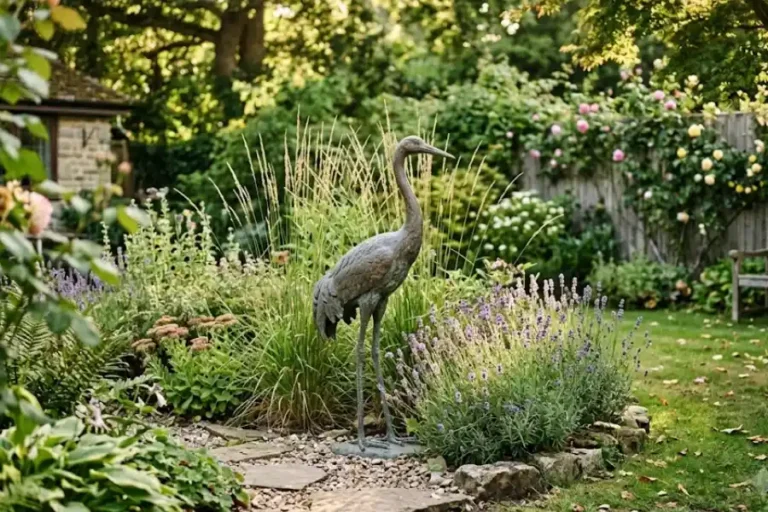 Bronze crane garden art sculpture standing among lavender and ornamental grasses in a backyard garden