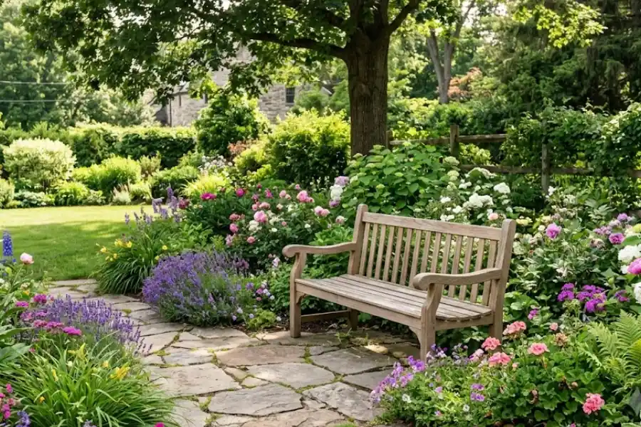 Garden Bench Outdoor: Materials, Sizes, Placement & Care Guide 1 Outdoor garden bench placed in a landscaped backyard with flowers, trees, and a peaceful seating area