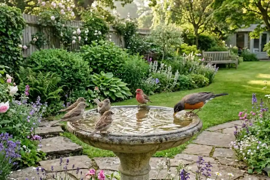 Garden Bird Bath: Best Types, Placement Tips, and Year-Round Care 1 Garden bird bath in a peaceful backyard with wild birds drinking and bathing among flowers and greenery.