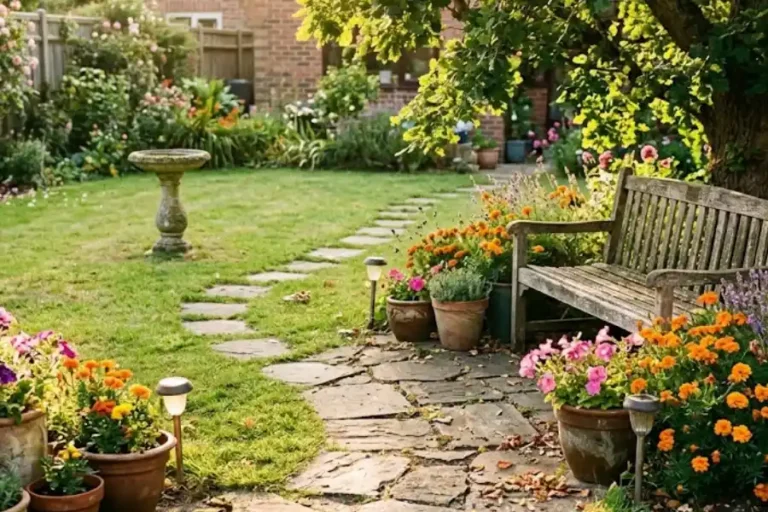 15 Garden Decor Ideas for Beginners That Turn Heads 1 A bright and colorful beginner backyard garden with a winding stepping stone path, blooming flower pots, a rustic wooden bench, and solar stake lights glowing in warm golden afternoon sunlight