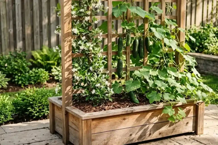 A cedar wood garden trellis planter box on a sunny patio with cucumber vines and jasmine flowers climbing up the vertical lattice frame, surrounded by rich dark soil and a softly blurred backyard garden in the background.