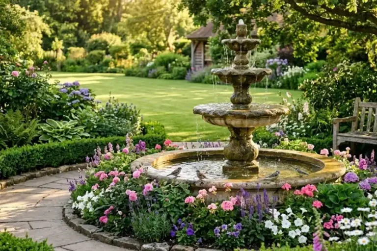 Water Fountain Outdoor Garden: Best Types, Placement, and Care Tips 7 A stunning three-tiered stone water fountain stands as the centerpiece of a lush outdoor garden, surrounded by blooming flowers, green shrubs, and soft afternoon sunlight filtering through nearby trees.