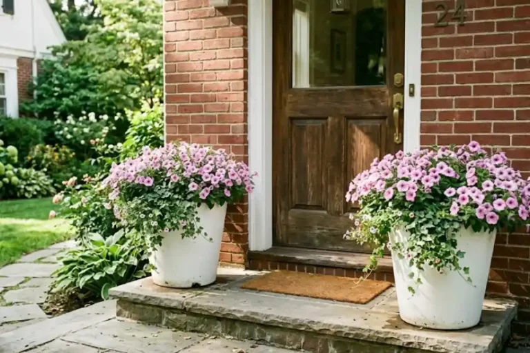 Pair of white outdoor garden pots with pink and purple petunias flanking a front porch entrance