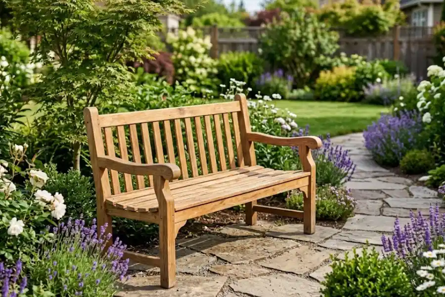 A natural teak wood outdoor garden bench with a slatted back and armrests placed on a stone paver path surrounded by blooming flowers and green shrubs in a sunny backyard garden.