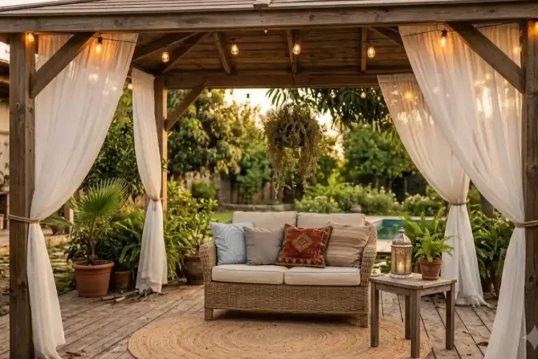 15 Gazebo Decorating Ideas for Every Style, Size, and Budget 6 Wooden backyard gazebo decorated with string lights, sheer curtains, a wicker loveseat, and hanging plants at sunset
