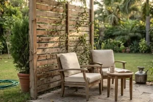 Cedar wood privacy screen with climbing vines on a backyard patio seating area