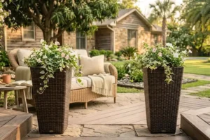 Casafield all-weather outdoor planters with liners filled with flowers on a front porch