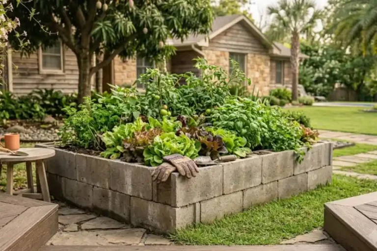 Raised garden bed made from stacked cinder blocks filled with vegetables and herbs in a backyard