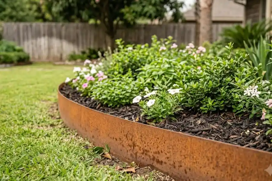 Rusted corten steel garden edging curving around a flower bed with green plants and mulch