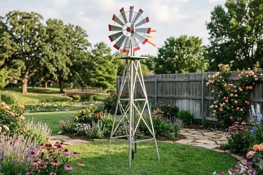 Decorative Backyard Windmill: Sizes, Materials & Setup Tips 1 Decorative metal backyard windmill with red-tipped blades standing in a green garden yard