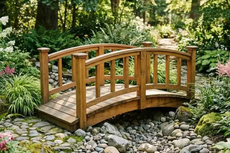 Wooden decorative garden bridge with arched railings over a dry creek bed in a backyard garden