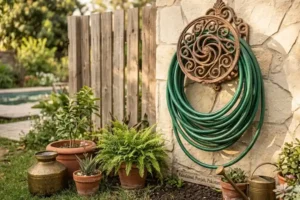 Decorative garden hose holder with cast iron scrollwork mounted on a wall, holding a coiled green hose