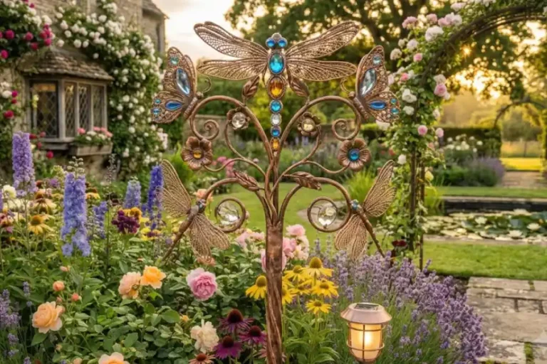 Metal dragonfly garden stakes and a solar light stake placed among purple coneflowers in a backyard flower bed