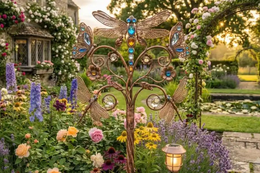Metal dragonfly garden stakes and a solar light stake placed among purple coneflowers in a backyard flower bed