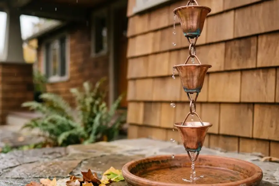 Decorative Rain Chains: A Simple Guide to Style, Sound, and Easy Installation 1 Copper decorative rain chain hanging from a gutter with water flowing through its cups during light rainfall