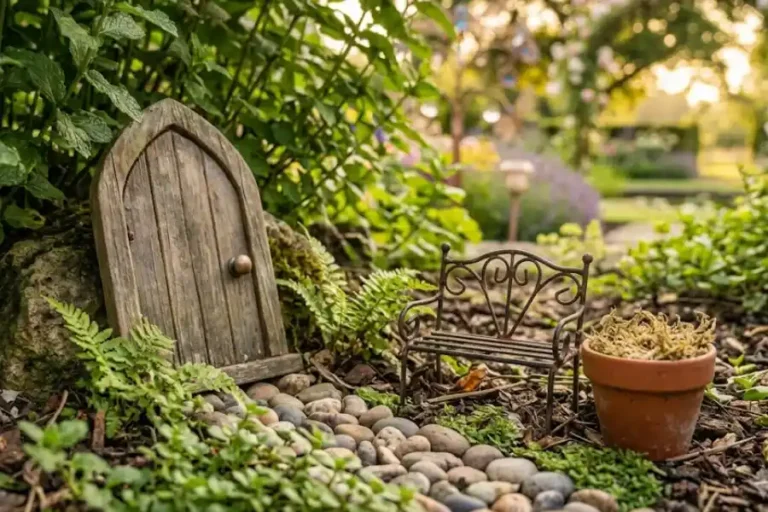 Fairy Garden Accessories: Best Styles, Materials & Placement Tips 3 Miniature fairy garden accessories including a wooden fairy door, iron bench, and terracotta pot set among moss and ferns in a backyard garden