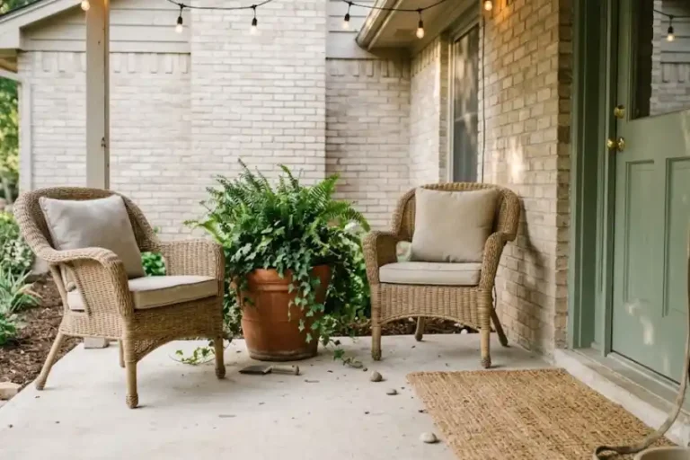 Front Patio Decor Ideas for Every Budget, Style, and Small Space 7 Small front patio decorated with wicker chairs, a large potted fern, a jute doormat, and warm string lights