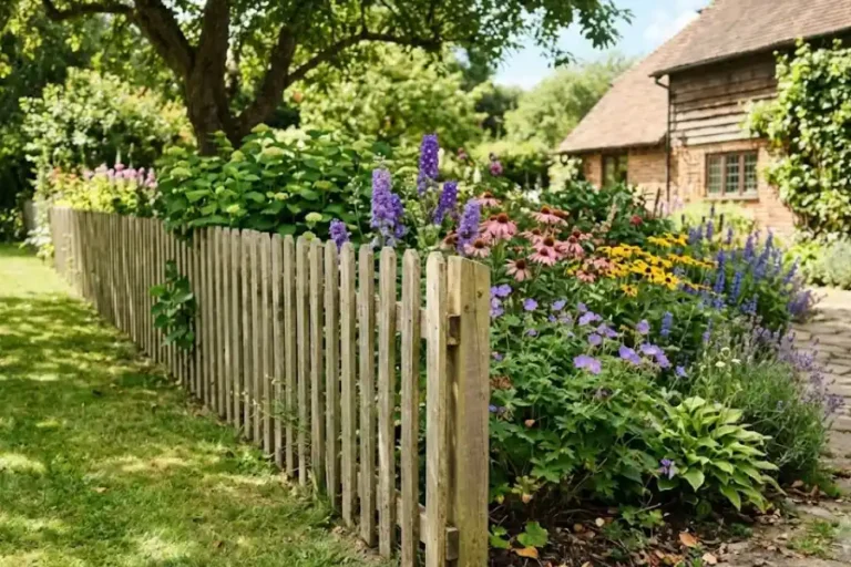 Garden Border Fence: Costs, Materials, and Installation Tips 6 Wooden garden border fence lining a flower bed with colorful blooming plants and a green lawn