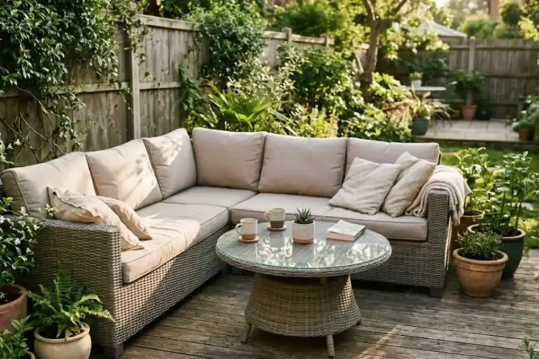 Garden Corner Couch: Sizes, Materials & Prices 4 Grey rattan garden corner couch with beige cushions on a wooden patio deck surrounded by greenery