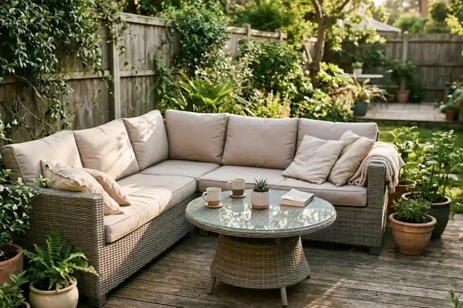 Grey rattan garden corner couch with beige cushions on a wooden patio deck surrounded by greenery