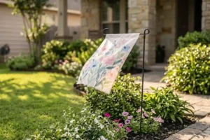 Decorative spring garden flag on a metal stand in a flower bed beside a front porch walkway