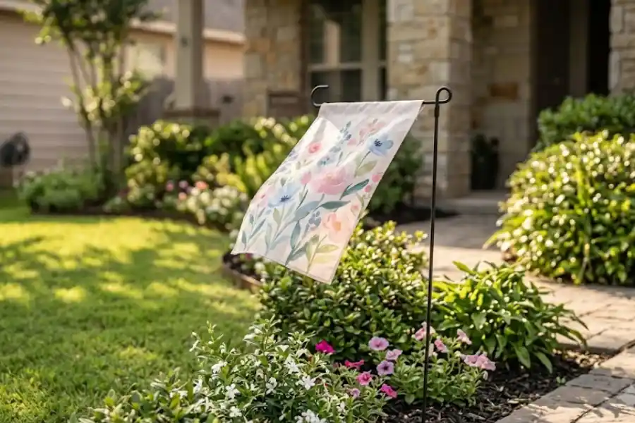 Decorative spring garden flag on a metal stand in a flower bed beside a front porch walkway