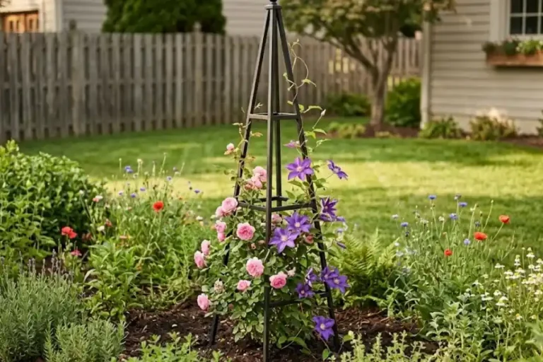 Garden Obelisk: How to Choose, Place, and Anchor One Right 2 Metal garden obelisk supporting climbing roses and clematis in a backyard flower bed