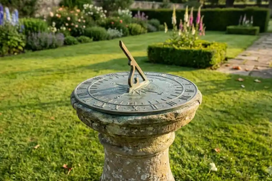 Garden Sundial: How to Choose, Place & Read It Right 1 Brass garden sundial on a stone pedestal casting a shadow in a sunny garden