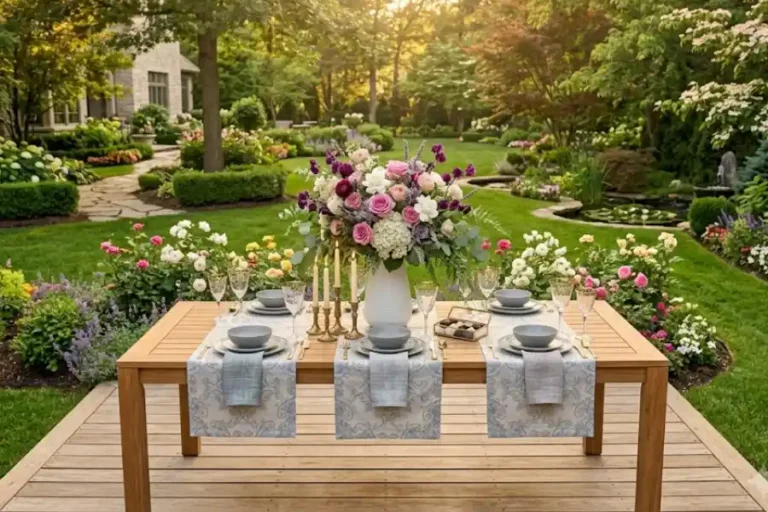 Wooden garden table decorated with a sage runner, herb centerpiece, and vintage plates in a sunlit backyard