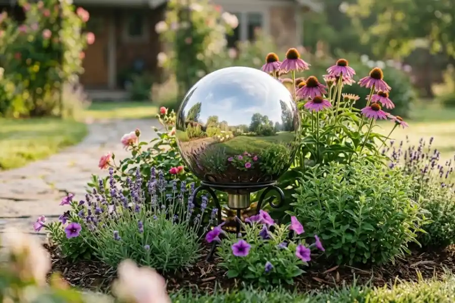 Gazing Balls for the Garden: How to Pick, Place, and Care for Them 1 Stainless steel gazing ball on a garden stand reflecting flowers and sky in a backyard flower bed