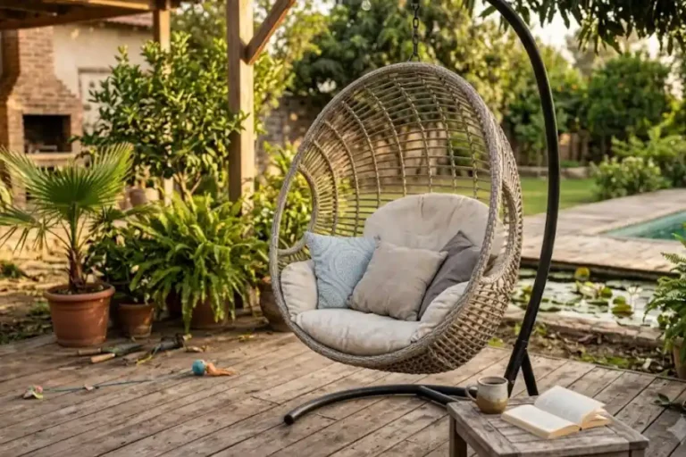 Hanging Egg Chair Outdoor: Buying Guide & Safety Tips 7 Hanging egg chair outdoor on a wooden patio with cushion and stand