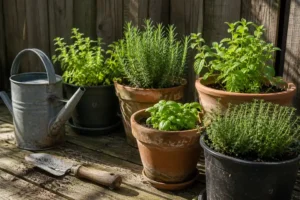 Terracotta and plastic herb garden pots outdoors on a sunny patio with rosemary, basil, and thyme