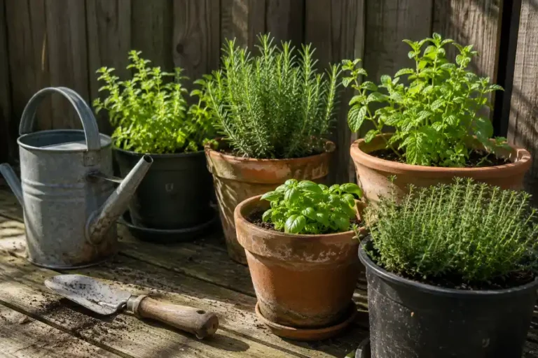 Terracotta and plastic herb garden pots outdoors on a sunny patio with rosemary, basil, and thyme