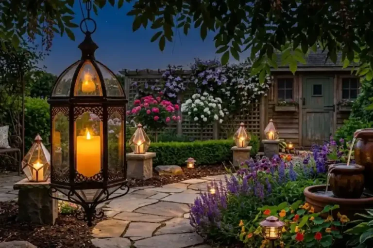 How to Choose the Best Garden Lantern for Your Yard 2 Warm garden lanterns lighting a stone pathway and patio table at dusk