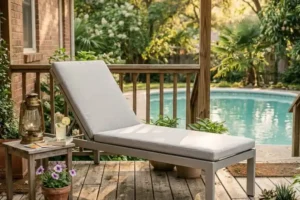 Modern outdoor chaise lounge with gray cushion on a sunny poolside patio deck