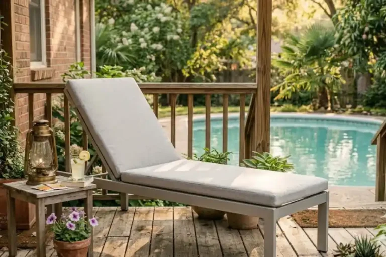 Modern outdoor chaise lounge with gray cushion on a sunny poolside patio deck