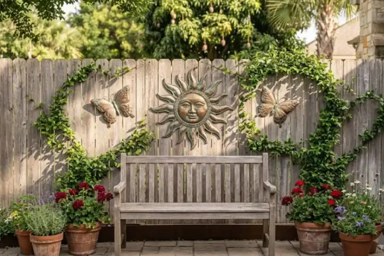 Metal sun and butterfly outdoor garden wall art hanging on a wooden fence surrounded by climbing vines