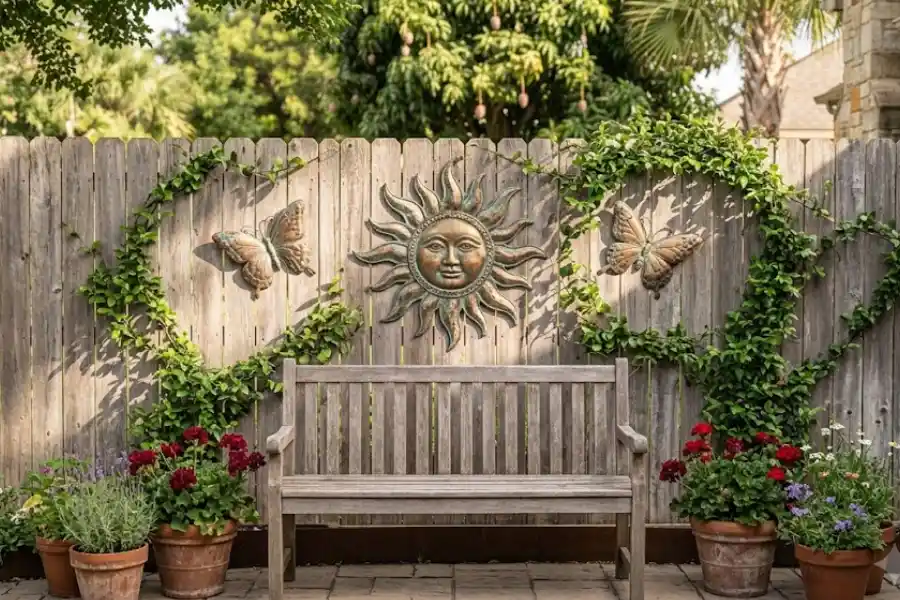 Metal sun and butterfly outdoor garden wall art hanging on a wooden fence surrounded by climbing vines