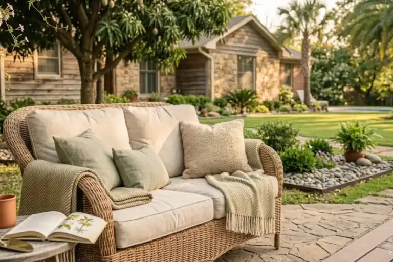 Two-seat wicker outdoor loveseat with cream cushions on a sunlit patio