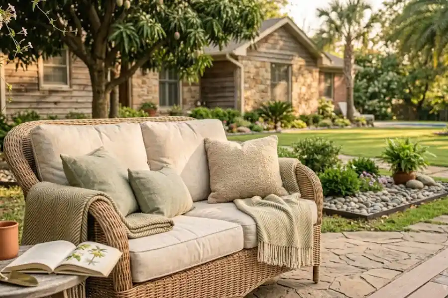 Two-seat wicker outdoor loveseat with cream cushions on a sunlit patio