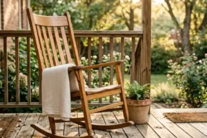 Wooden outdoor rocking chair on a sunlit porch deck